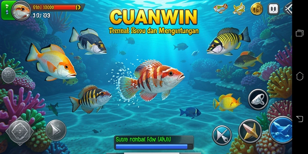 Screenshot gameplay CUANWIN dengan berbagai jenis ikan dan senjata.
