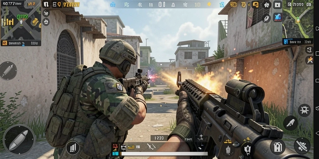 Screenshot gameplay HQ777 menampilkan aksi tembak-menembak yang intens.