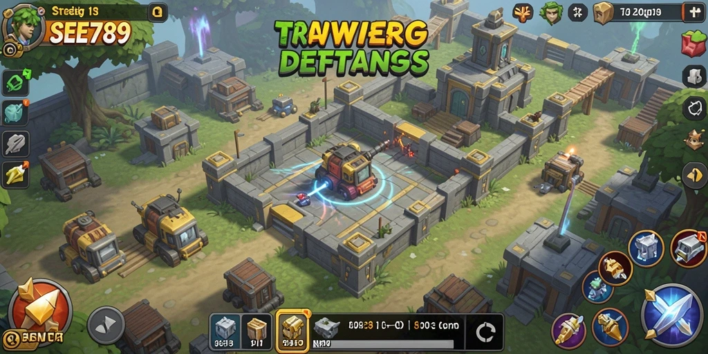 Screenshot utama SEE789 menampilkan aksi pertahanan menawan dalam permainan Tower Defense.